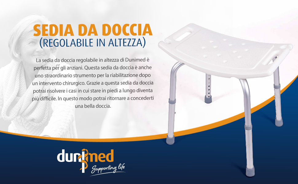 Dunimed - Sgabello da doccia, regolabile in altezza, antiscivolo, 39 – 52 cm (Senza schienale)